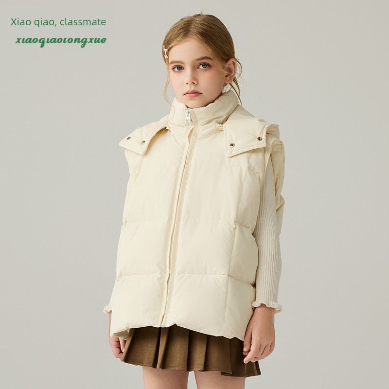 Children's down Vest Autumn and Winter New Style Girls' Warm White Duck down Vest Boys' Hooded Jacket Coat