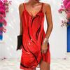 Women Plus Size V Neck Double Straps Sleeveless Black White Printed Curved Hem Mini Dress