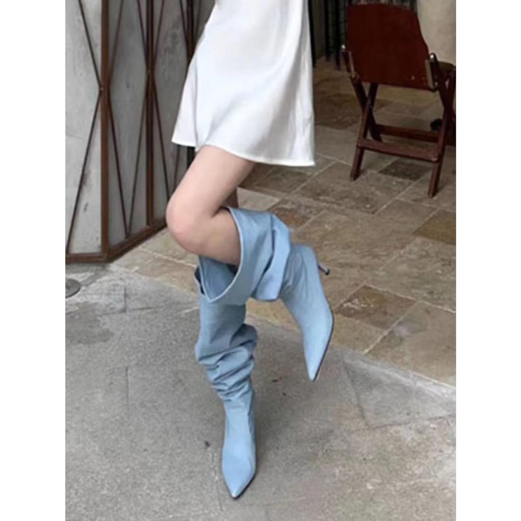 Широкое голенище, большой обхват голенища, джинсовые ботфорты-чулки, женские летние 2025, новые остроносые туфли на высоком каблуке, тонкий каблук, высокие ботфорты