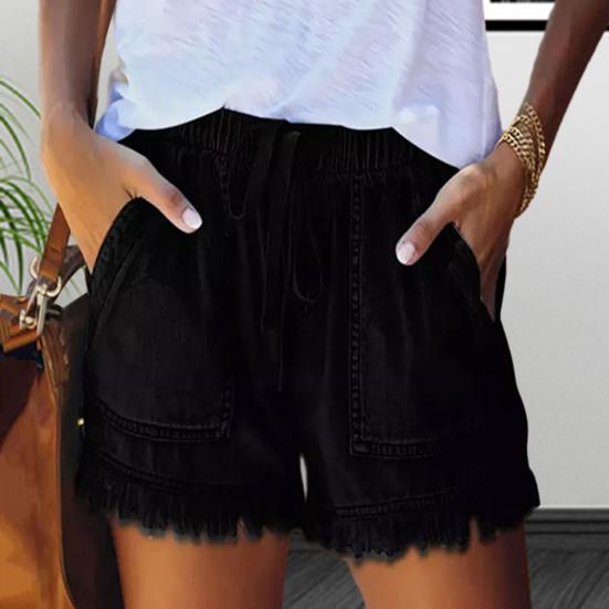 Женские шорты с эластичным поясом средней посадки и широкими карманами на шнурке, впитывающие пот, однотонные манжеты с кисточками, спортивные шорты, уличная одежда