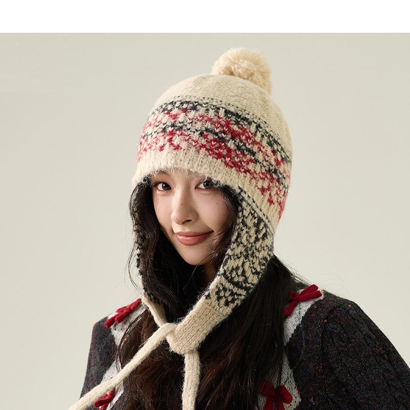 Осенне-зимняя шапка с защитой ушей, вязаная, женская, этнический стиль, теплая шерстяная шапка