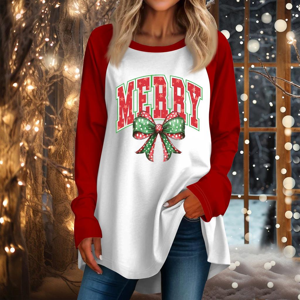 Женская повседневная футболка больших размеров с длинными рукавами и круглым вырезом с рождественским принтом, топ, пуловер