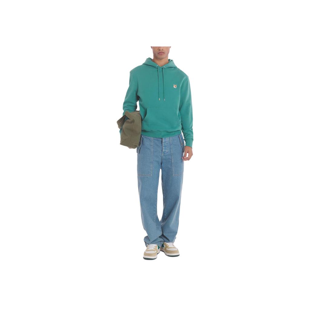 Maison Kitsune SS24 Fox Head Embroidery Patch Hoodie Solid Color Pullover Long Sleeve Sweatshirt Men sweatshirt Pine-Green LM00702KM0001-P373