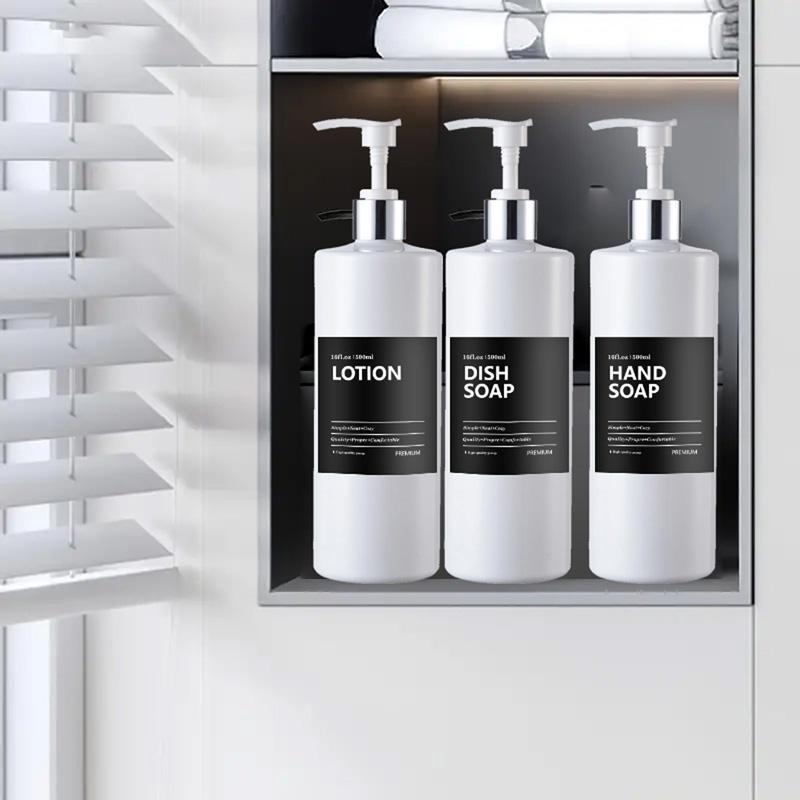 Многоразовая круглая бутылка с насосом, 500 мл, с водонепроницаемыми этикетками для кухни, ванной комнаты, бутылки для шампуня и кондиционера в отеле