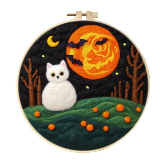 Halloween Needle Felting Kit Beginner Felt Craft Set DIY Felt Painting with Faux Wool Needle Frame Stamped Fabric for Adults Handcraft Lovers