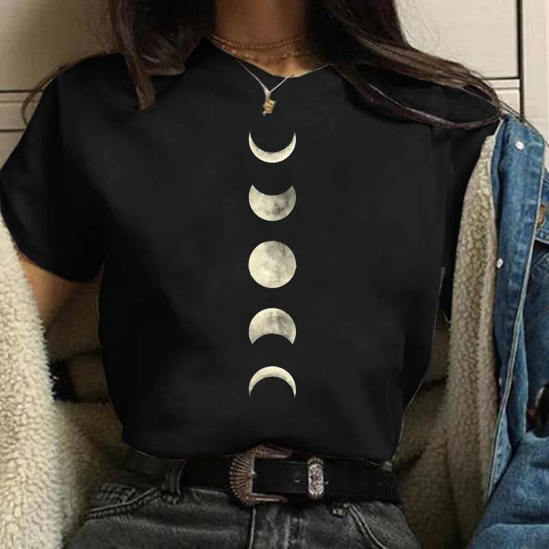 Moon PrintWomen Harajuku Летняя футболка Женская мода Черные топы Смешная женская футболка Повседневная футболка Женская одежда Y2k Милые топы