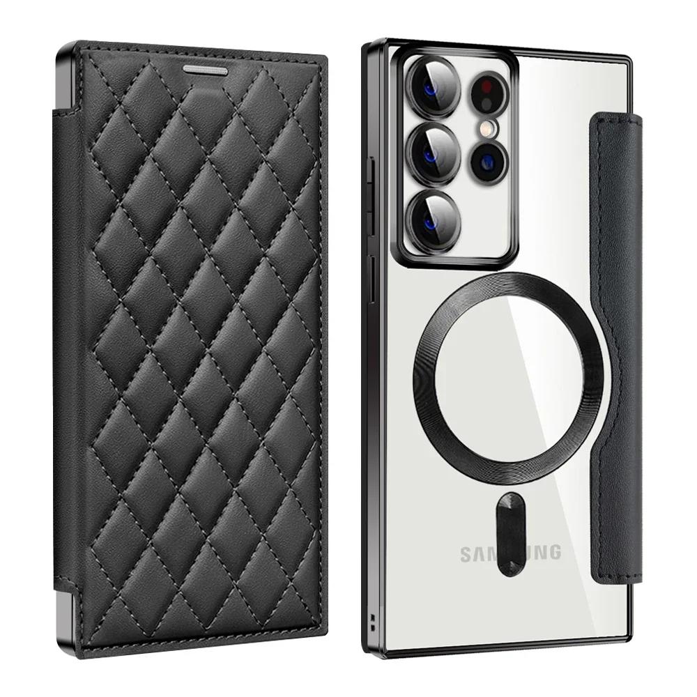 Магнитный кожаный чехол-держатель для карт для Samsung Galaxy S26 Ultra Edge s25 s24, беспроводная зарядка, держатель для карт, противоударный твердый чехол