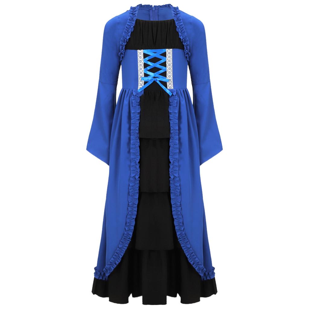 Girls Medieval Renaissance Long Dress Color Contrast Bell Sleeve Layered Ruffles Costume