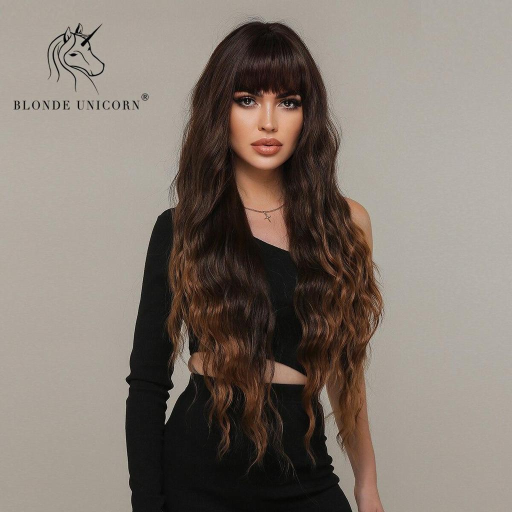 BLONDE UNICORN Синтетические длинные волнистые парики с омбре медово-коричневого цвета с челкой для женщин, термостойкие волосы для повседневного использования для косплея