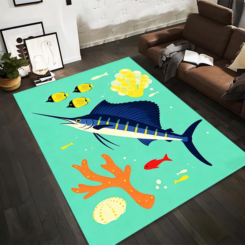 Tropical Ocean Theme Carpet with Marlin, Coral, and Yellow Fish Design Suitable for use as an anti-slip for living room bedroom sofas