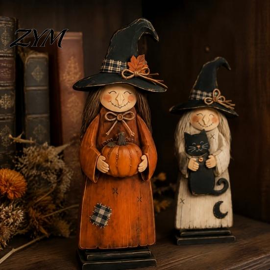 Rustic Wooden Witch Craft for Desk Ornament, Retro Halloween Figurine with Broom/Pumpkin/Black Spooky Party Table Centerpieces Cat, Creative Tabletop