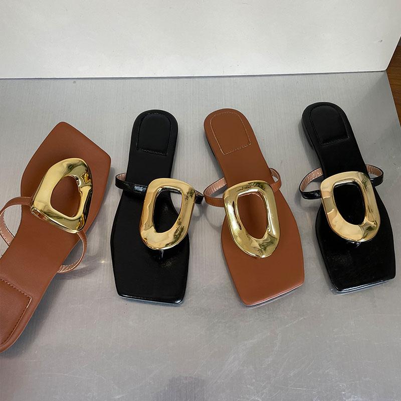 Fashion Black Luxury Slides Ladies Flats Slippers Shoes Female Flip Flops Summer Beach Fashion Metal Women Slippers Shoes Big Size