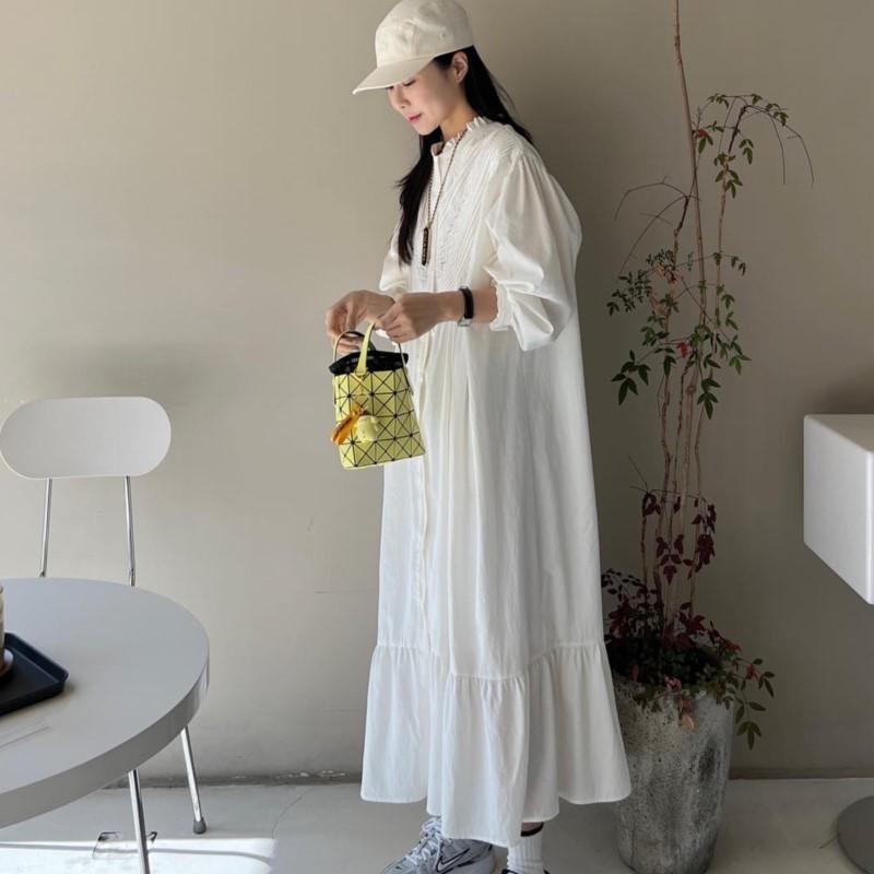 Johnature Fall Korean Pleated Lace Stitching Vintage Simple Lace Stitching Women Dress