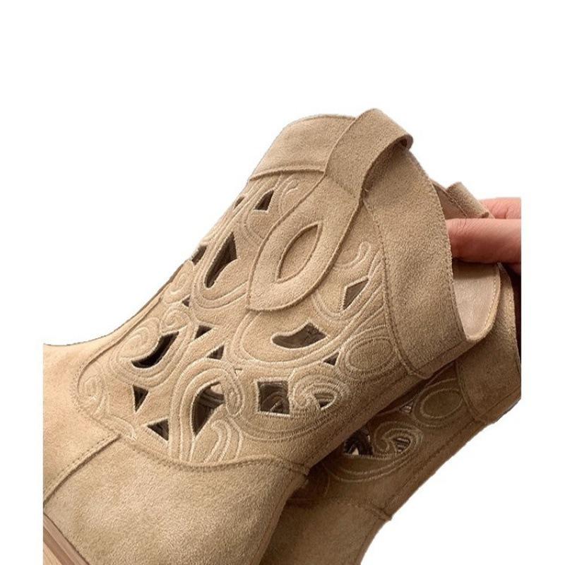 Cowhide Version~ Short Boots Women's Western Cowboy Boots Embroidered Hollow Women's Thick Heel Mouth Thick Sole Retro Knight Boots Women