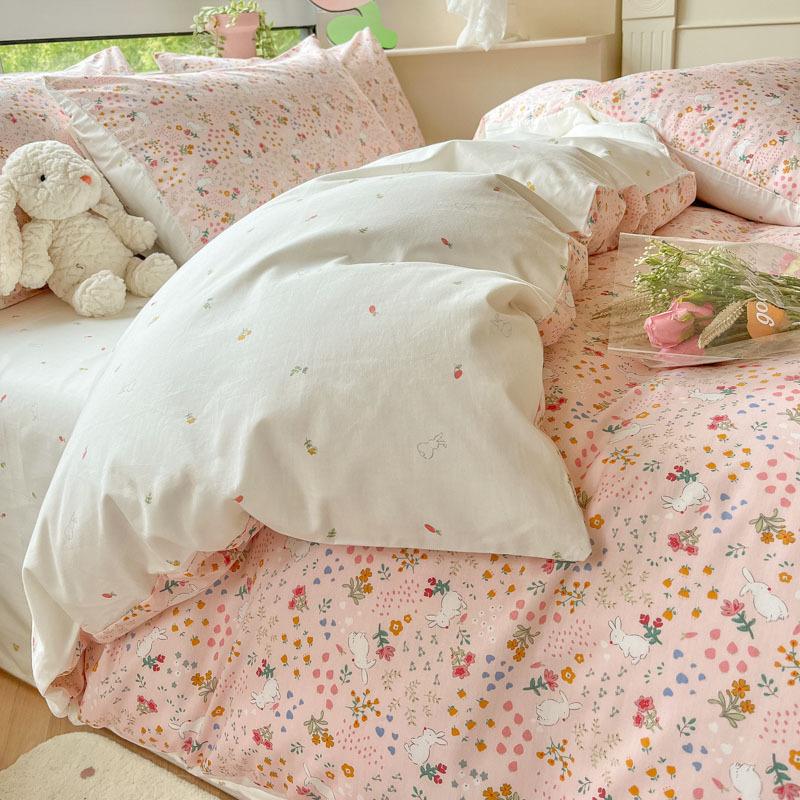 Небольшой комплект из четырех предметов из чистого хлопка с цветочным принтом, хлопковые пододеяльники с девчачьим сердцем, простыни для студентов, односпальная кровать в общежитии, комплект из трех пододеяльников