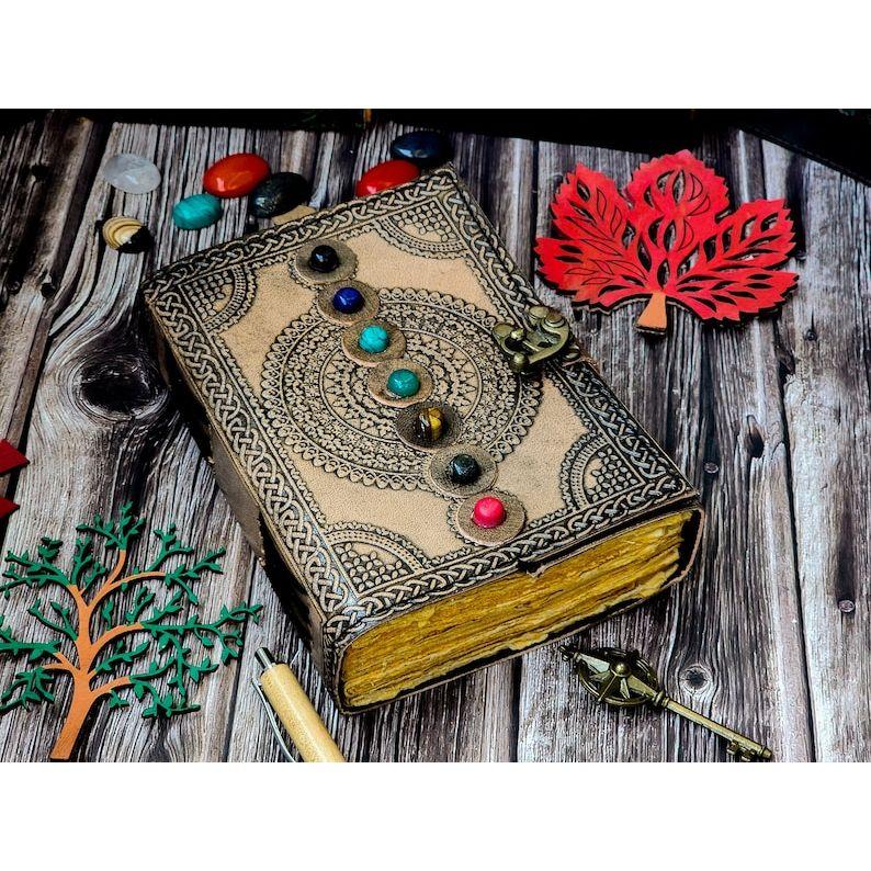Blank Spell Book of Shadows Journal with Lock Clasp Handmade Leather Seven Stone Diary Seven Chakra Prayer Pagan Book