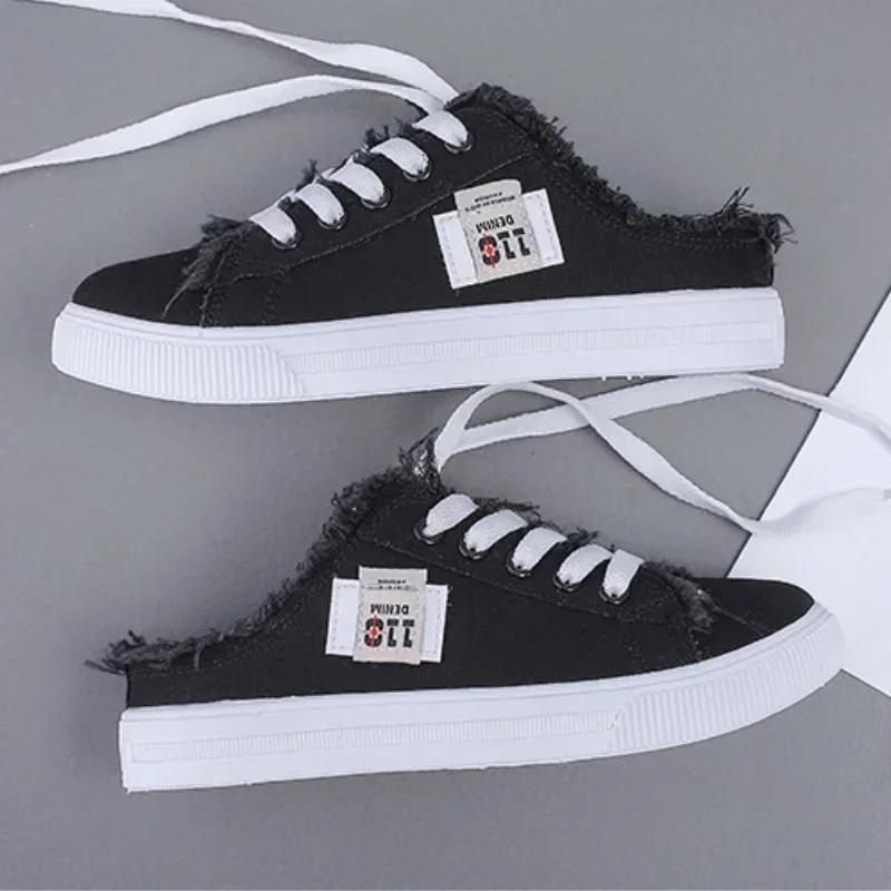 Модные женские полукеды-тапочки Удобная женская повседневная обувь Женские туфли на плоской подошве Дышащие кеды из парусины Противоскользящие Zapatillas