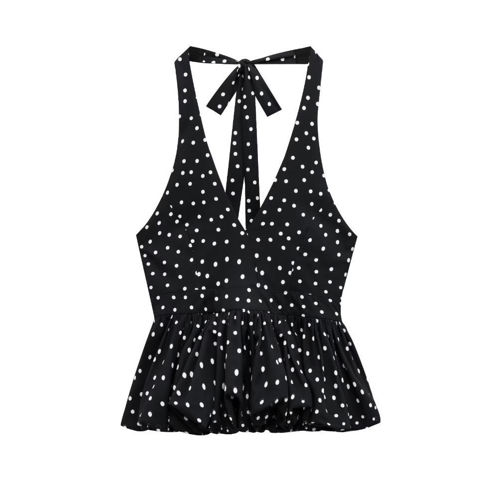 Sleeveless Lace-up Dots Camisole Deep V Neck Hanging Neck Top Halter Ruffle Vest  Summer