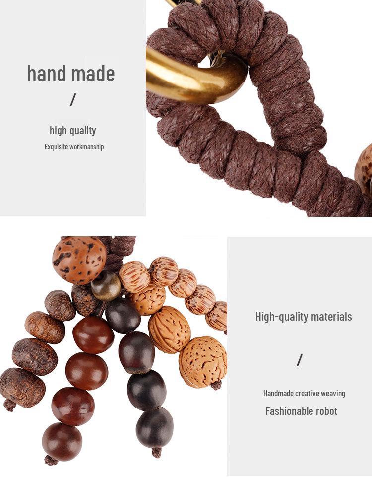 Wish-Fulfilling Bodhi Seed String Bag Charm - Hand-Woven Natural Keychain Ornament with Turquoise.