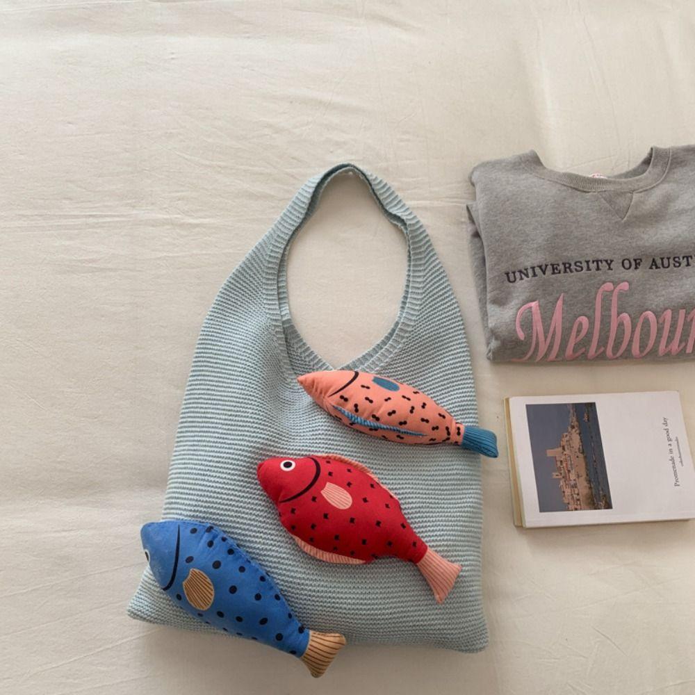 Leisure Summer Weave Knitted Bag Cotton Ethnic Style Hollow Out Knitted Bag Large Capacity Fashion Fish Shoulder Bag Women