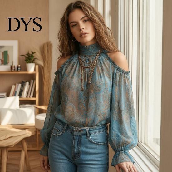 Skin Friendly Shirts Women Fall Cold Shoulder Shirt, Vintage Ethnic Print High Casual Blouses Collar Blouse, Ruffle Lantern Sleeve Top Autumn
