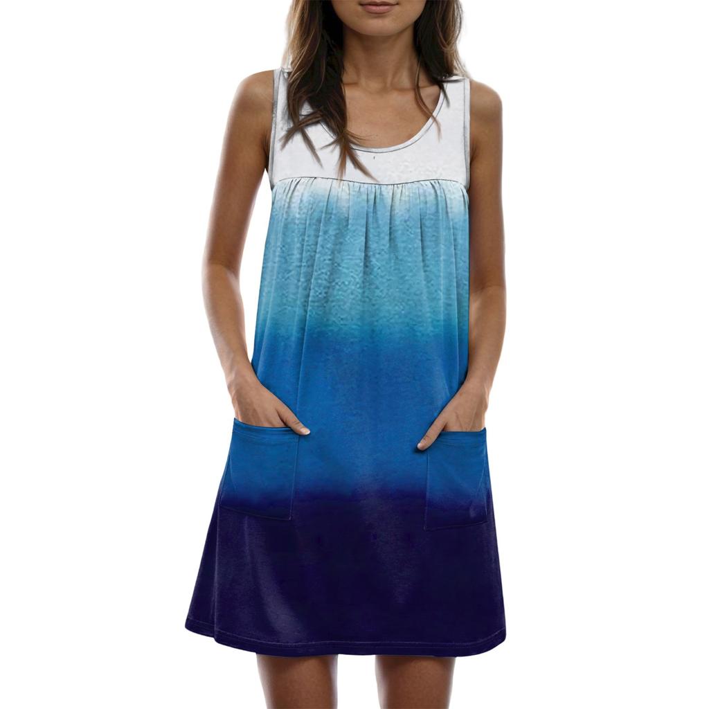 Ladies' Casual And Fashionable Round Neck Sleeveless Loose Printing Pocket Dress