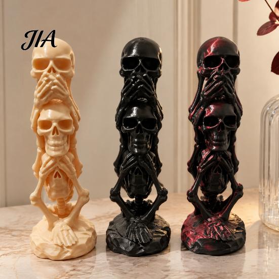 Desktop Decorations 3D Printed Triple Skull Statue, Halloween Horror Hear No Evil See Spooky Table Ornaments Speak Figurine, Creative Desk Decor