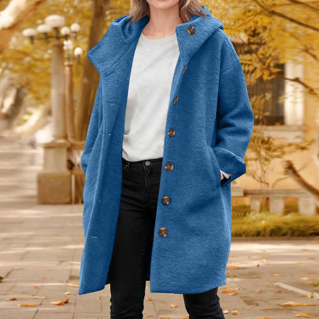 Женская однотонная куртка, повседневное свободное пальто на пуговицах, верхняя одежда на пуговицах с длинными рукавами и карманом, пальто с капюшоном