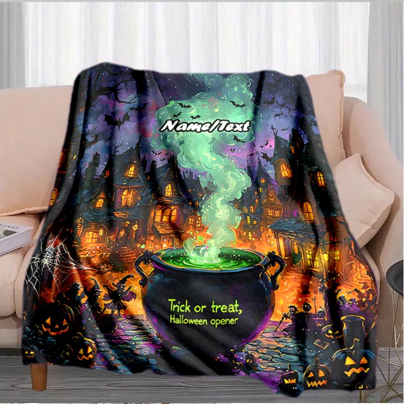 1PC Custom Name Halloween Night Cauldron outdooor Flannel blankets Throw Blanket All-Season Throw Gift Bedspread for Couch, Bed, Camping Holiday Birth