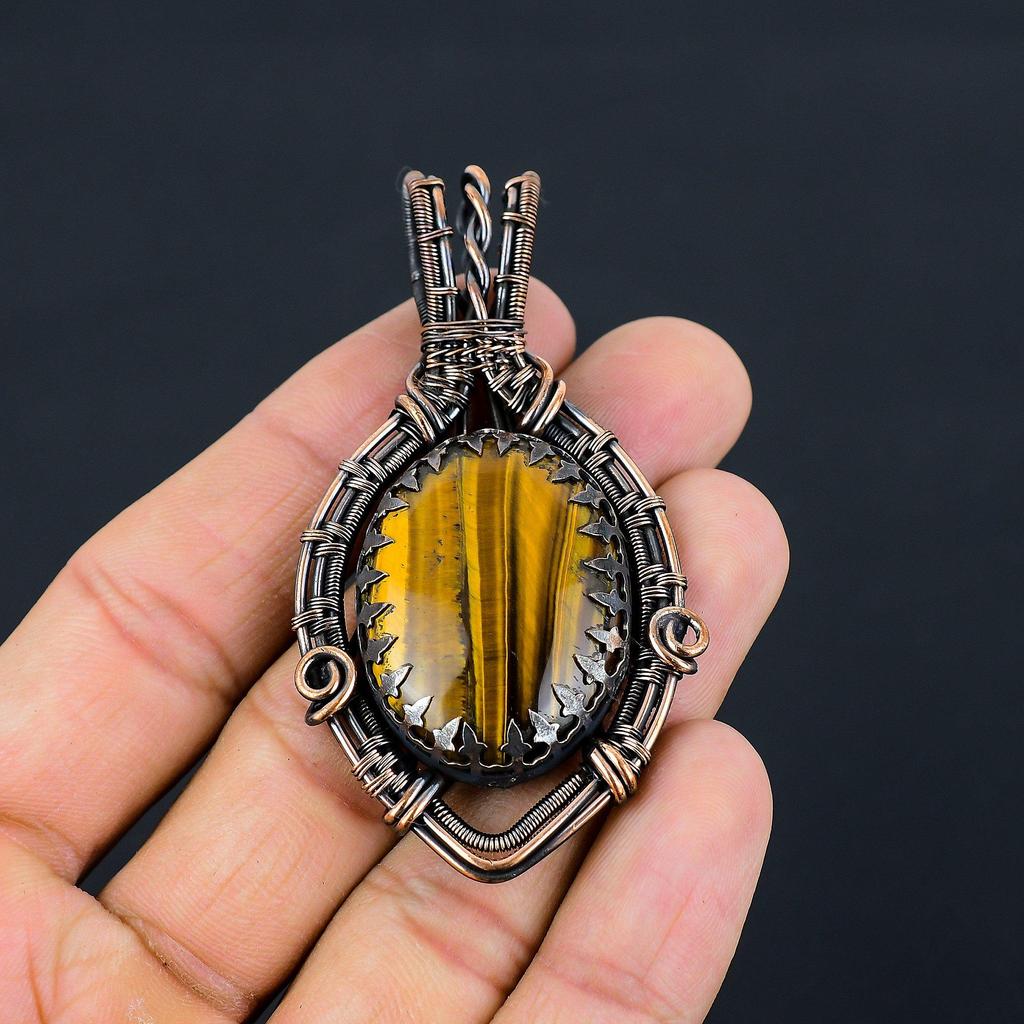 Tiger Eye Gemstone Pure Copper Wire Wrapped Handmade Pendant Jewelry