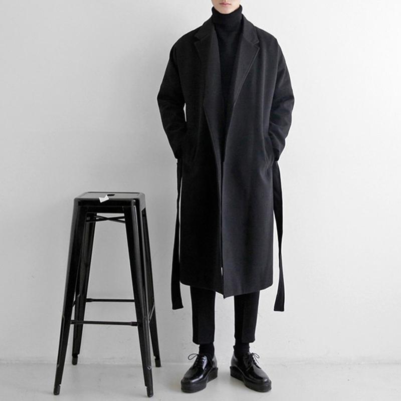 Men's Trendy Long Black Wool Blend Winter Trench Coat Overcoat with Gothic Windbreaker Design