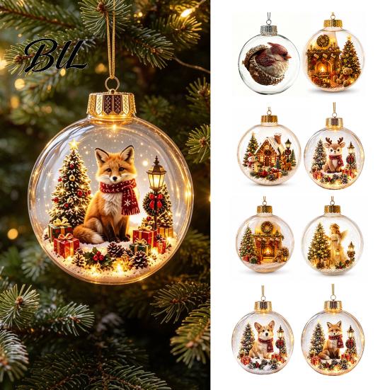 Holiday Tree Decorations Glowing Christmas Story Ornament, Mini Scene in Ball with Warm LED Desktop Ornaments Light, 3D Clear Acrylic Hanging