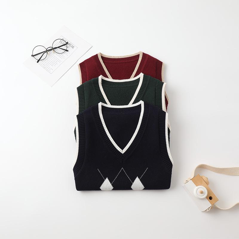 Подростковые жилеты Детский вязаный жилет Жилет-свитер для школьной формы для мальчиков и девочек 100% хлопок V-образный вырез Пуловер Преппи стиль Детские топы