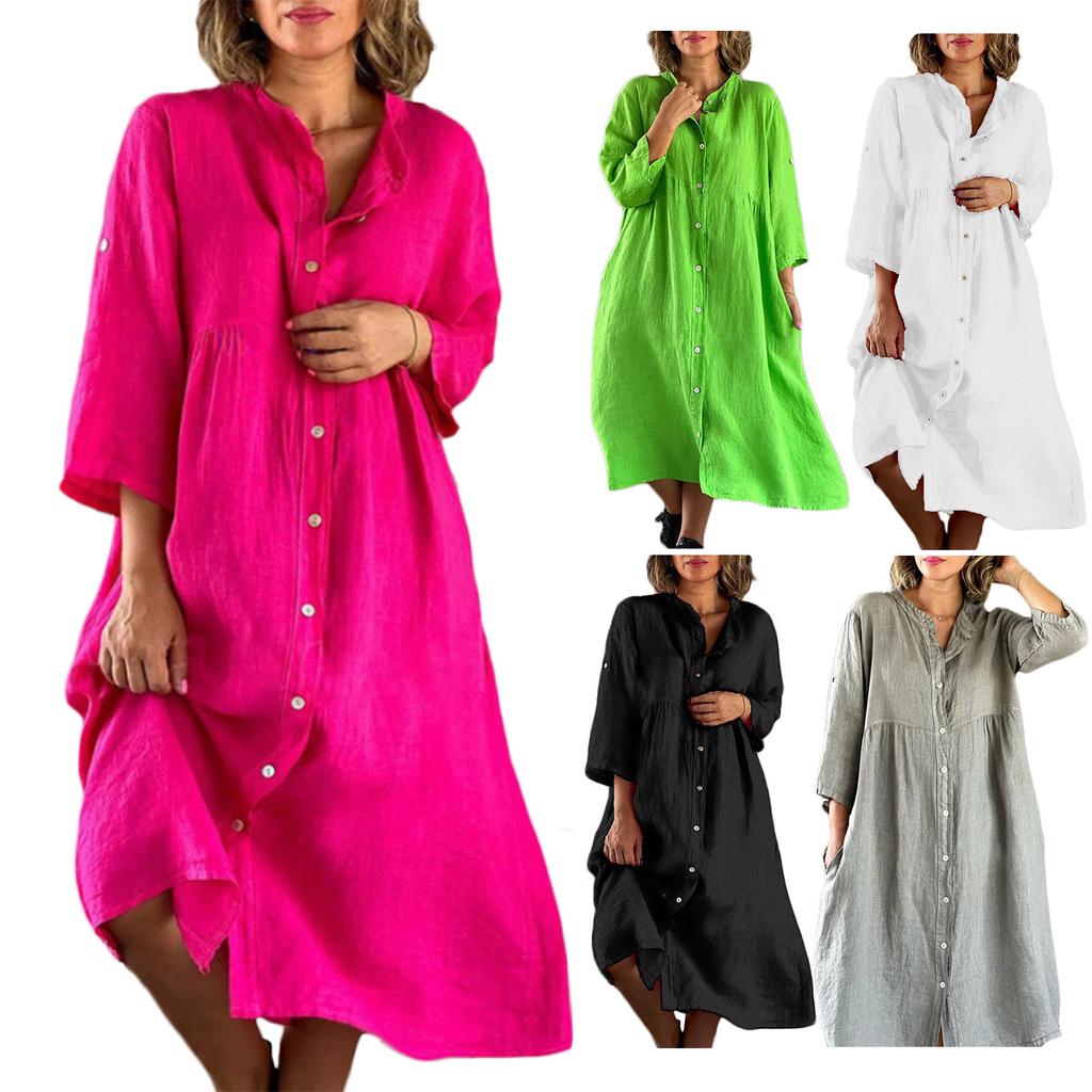 Женское хлопковое свободное платье-рубашка с пуговицами, повседневные свободные платья макси