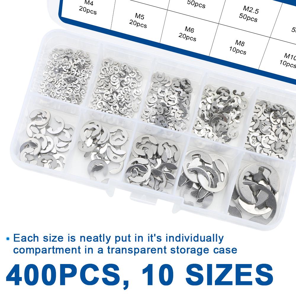NINDEJIN 430pcs e-clip Assortment Kit M1.2-M10 Stainless Steel Carbon Steel Snap Ring Washer E-shaped External Retaining Ring