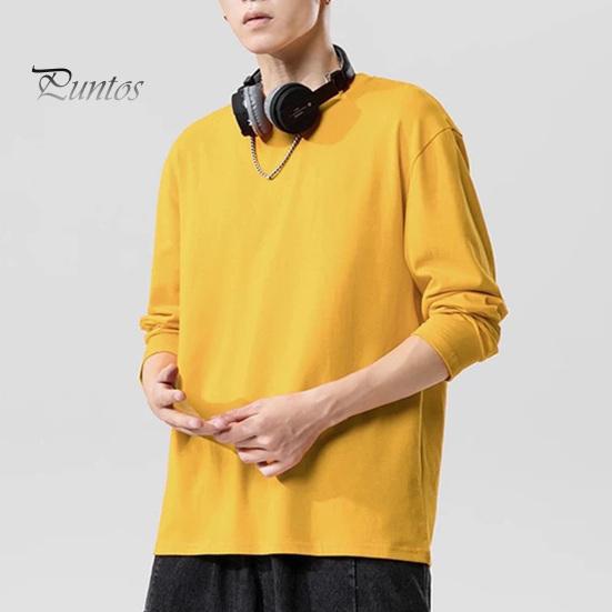 Мужская рубашка с круглым вырезом и длинным рукавом, мягкая дышащая футболка, однотонная, свободный крой, весна-лето, повседневные топы