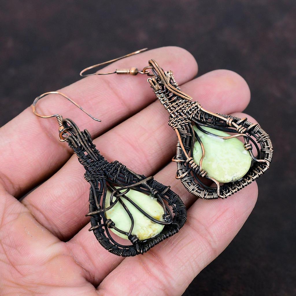 Серьги из лимонного хризопраза, медная проволока, драгоценные камни, ювелирные изделия, серьги ручной работы, женские ювелирные изделия, медная серьга для подарка, серьги, обернутые проволокой