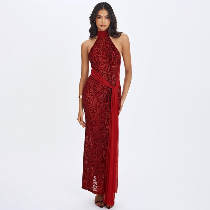 Womens Halter Backless Printed Maxi Dress Sexy Slim Fit Split With Ribbon Streetwear
