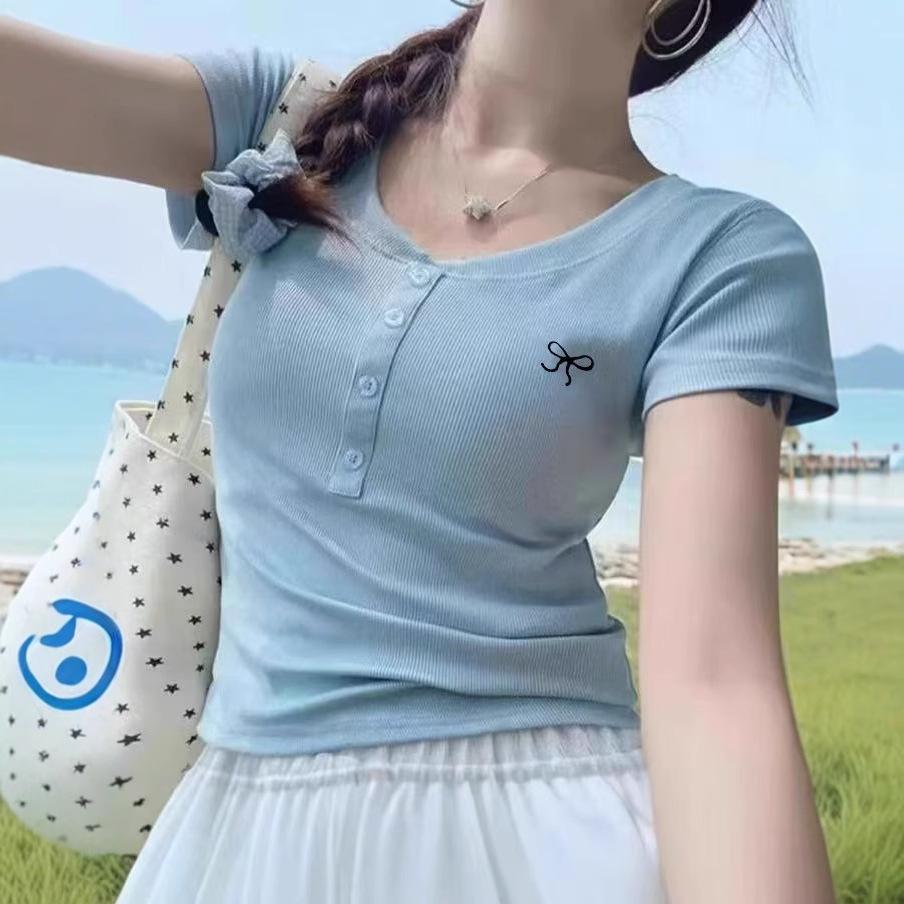 2025 Summer Korean Style V-neck Button Shoulder Embroidered Slim Women's T-shirt