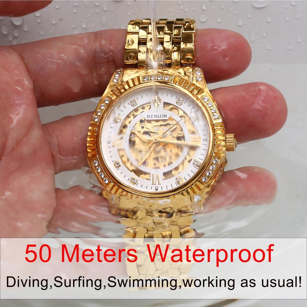 BINLUN Автоматические механические золотые автоматические 18K роскошные часы для мужчин Мужские часы, Двусторонний скелетон, Часы, Завод, Позолоченные (Полный скелет)