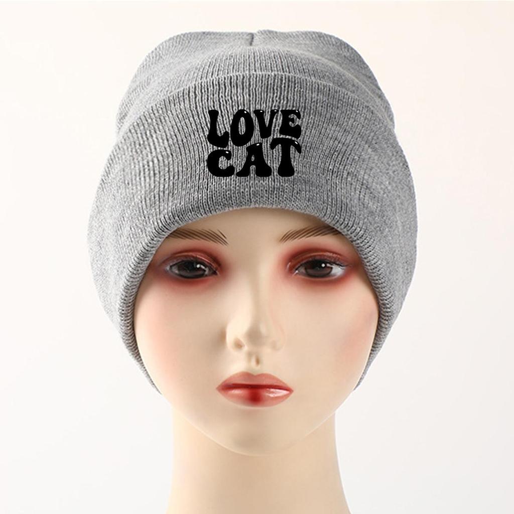 LOVE CAT" Print Knit Cap Beanie, Animal Man Cap Windproof Candy Color Trendy Pompom Beanies Knitted Hat Beanie