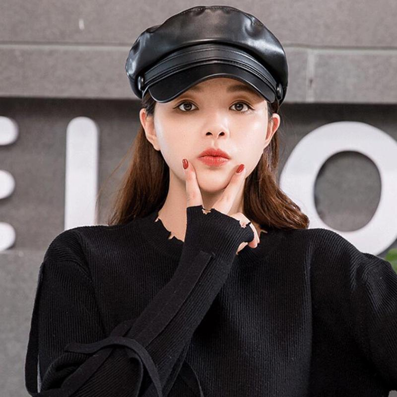 Модные унисекс PU кожаные военные кепки весна осень матросские шляпы для женщин мужчин черный серый плоский верх капитанская кепка дорожная кадетская шляпа