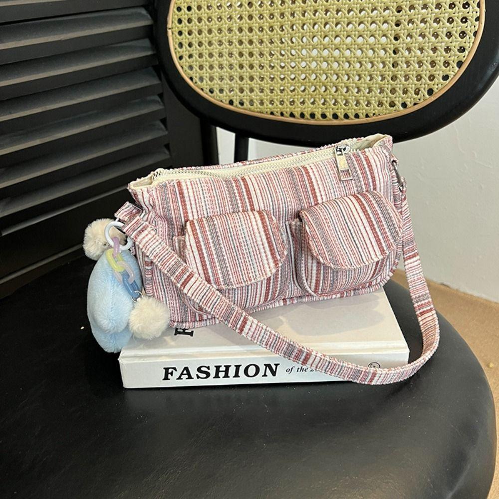 Designer Plaid Shoulder Bag Multi Pocket Women Handbag Korean Striped Armpit Bag Daily