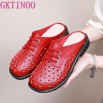 Летние тапочки из натуральной кожи с круглым носком, повседневные сандалии, тапочки на низком каблуке, женские сандалии