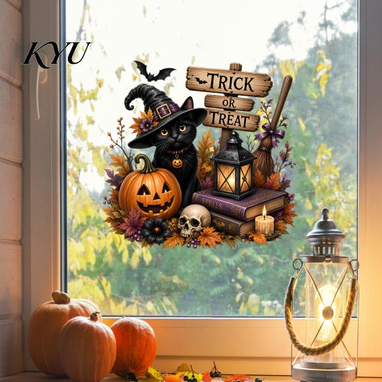 No Glue Window Art Halloween Witch/Black Cat Glass Stickers, Double-sided PVC Waterproof Clings, Removable Static Stickers Decals with Pumpkins Skulls
