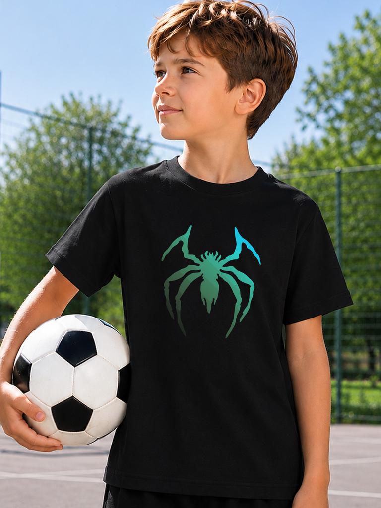 Gradient Green Spider Cool Pattern Print Boys Girls Family Matching Cotton Short Sleeve Crew Neck Soft Summer Kids Casual Tees