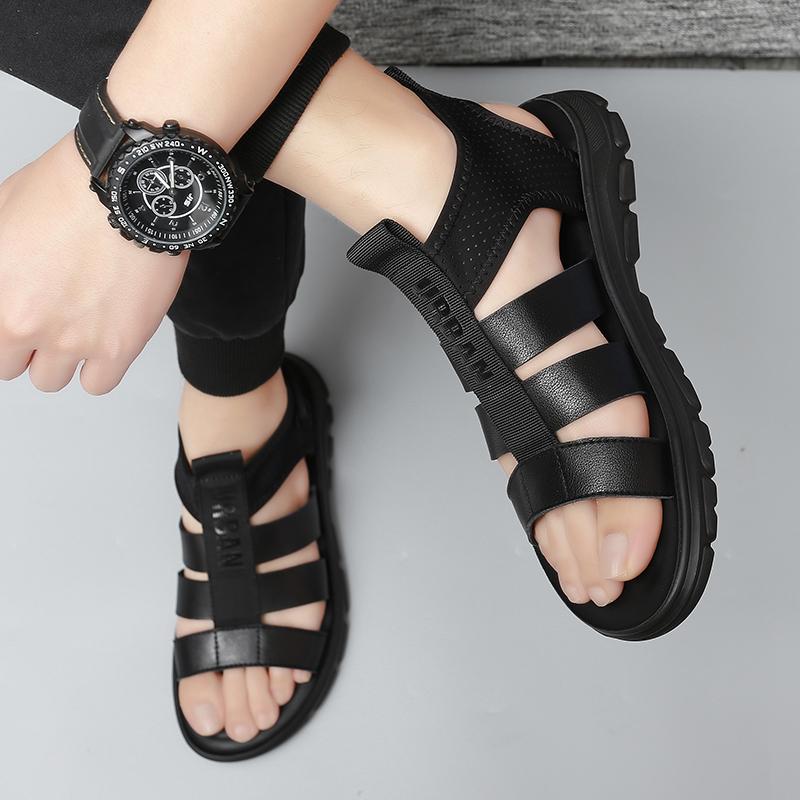 Men Korean Version Genuine Leather Roman Sandals Summer Black Casual Shoe Male Buckle Strap Platform Sandals Outdoor Beach Shoes