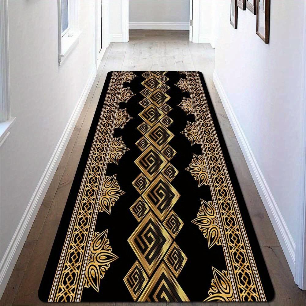 Modern Geometric Printed Runner Rug with Golden Luxury Accents, Soft Polyester Kitchen Hallway Floor Mat