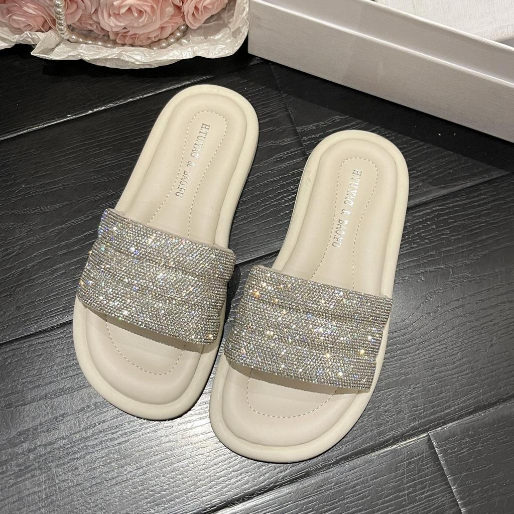 Slippers Female Summer Outer Wear 2025 New Fairy Style Fashion Rhinestone Flat Bottom One-word Drag Out Beach Cool Slippers