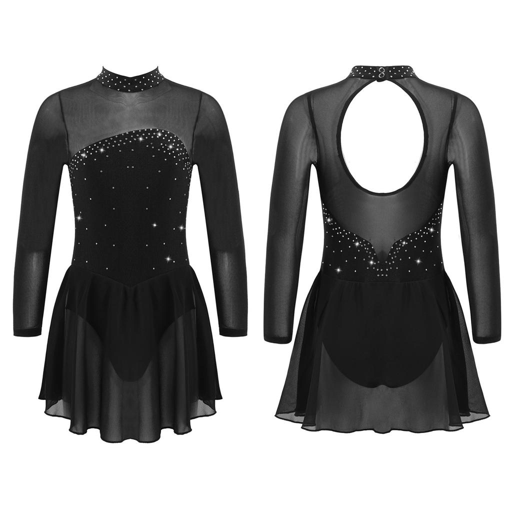 Children Girls Shiny Rhinestones Mesh Keyhole Back Figure Ice Skating Dress Long Sleeves Roller Skating Ballet Dance Leotard Dress